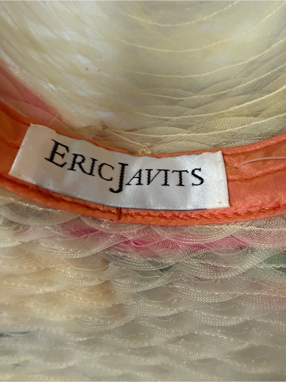 NWT Eric Javits Cream Wide-Brim Straw Hat with Pink Yellow Floral 17โ - Picture 13 of 13